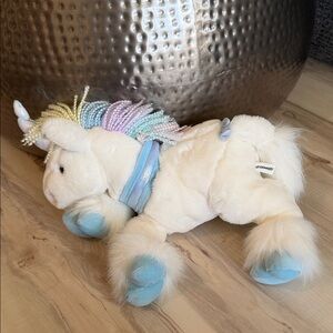 Vintage 2001 Commonwealth Unicorn White Blue Sparkle Stuffed Plush Yarn Mane